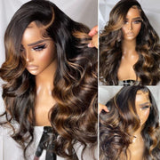 Pre All|Glueless 3D Body Wave Highlights Ombre Brown 13X4 Pre Cut HD Lace Wigs Pre Bleached Pre Plucked Human Hair Wig