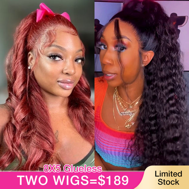 Two 220% Long Wigs |8X5 Pre Cut Lace Pre Bleached Knots #33 Body Wave Wig & Deep Wave Wig