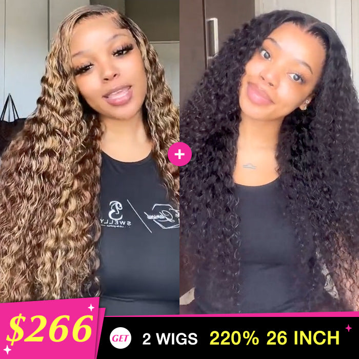 Two 220% Long Wigs|20 Inch 8X5 Pre Everything Curly Wig+20 Inch 8X5 Pre Cut Lace Highlight Deep Wave Wig