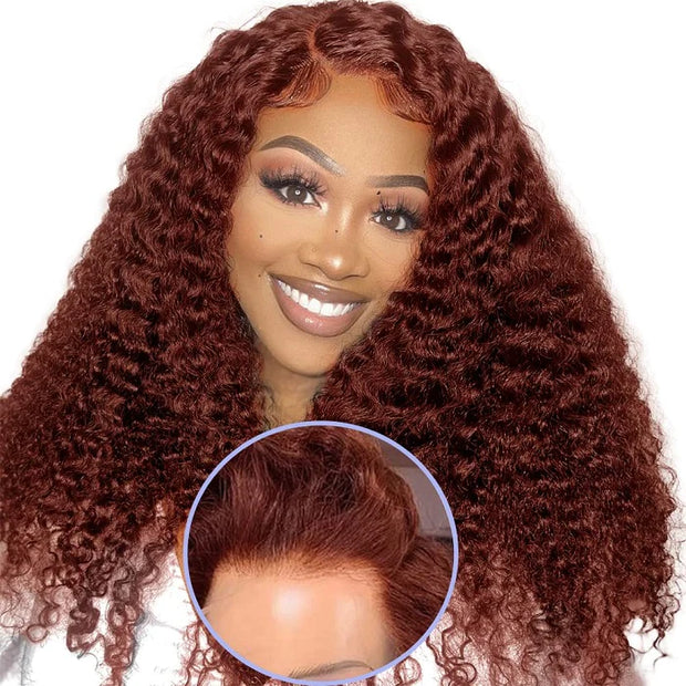 Glueless Upgraded 8x5 HD Lace Reddish Brown Curly Wig Ready To Go Pre Cut Lace Wig 180% Density For Sale