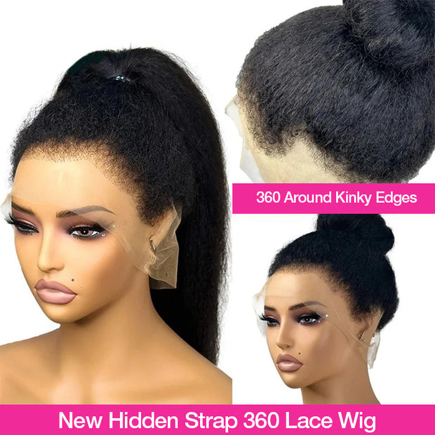 4C Edges Glueless 360 Lace Frontal Wigs With Hidden Elastic Strap kinky Straight or Curly Affordable Snug Fit Human Hair Wigs