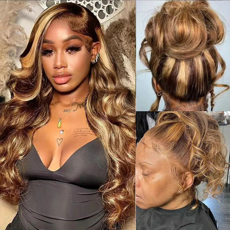 $100 OFF|Blonde Highlight 360 Transparent HD Lace Front Body Wave Natural Black Human Hair Wigs