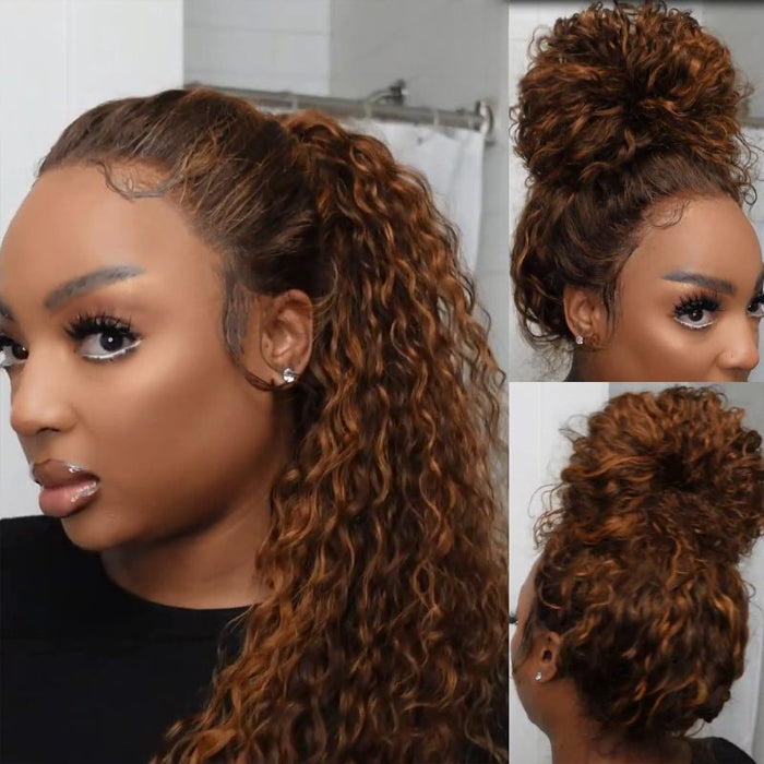 Flash Sale Curly Hidden Strap Snug Fit 360 Lace Frontal Wigs Affordable Brown Highlight Human Hair Wig 220%