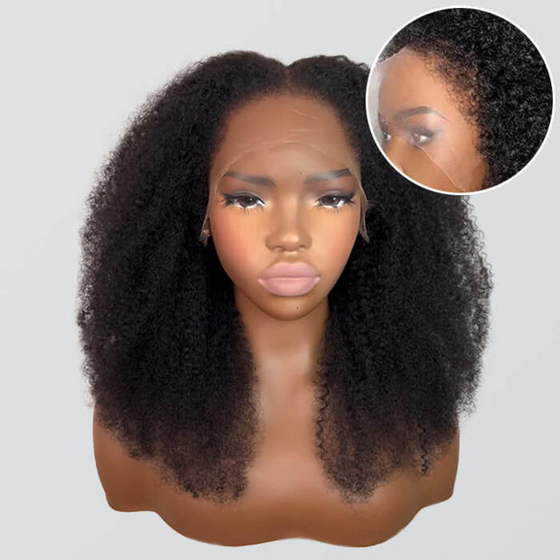 Kinky Edge Hairline Afro Kinky Curly Lace Front Wig Pre Bleached Real 4C Edges Glueless HD Lace Human Hair Wigs For Black Women