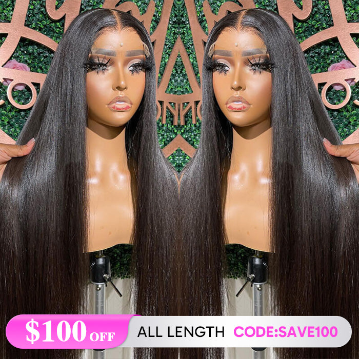 $100 OFF|Straight 5X5 13x4 HD lace Frontal Wig Pre Plucked Pre Bleached Silky Straight Human Hair Wig