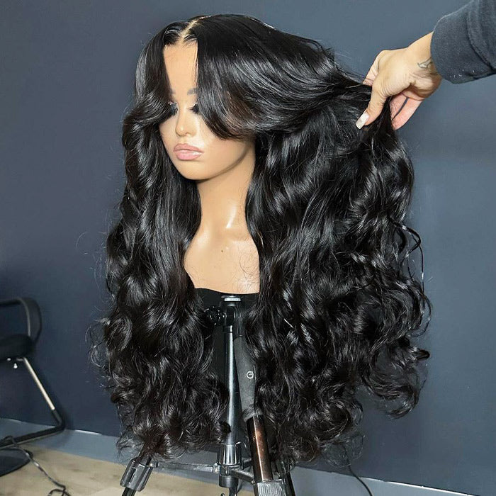 250% Curtain Bangs Loose Body Wave Lace Front Wigs Pre Bleached Bouncy And Full HD Lace Human Hair Wig