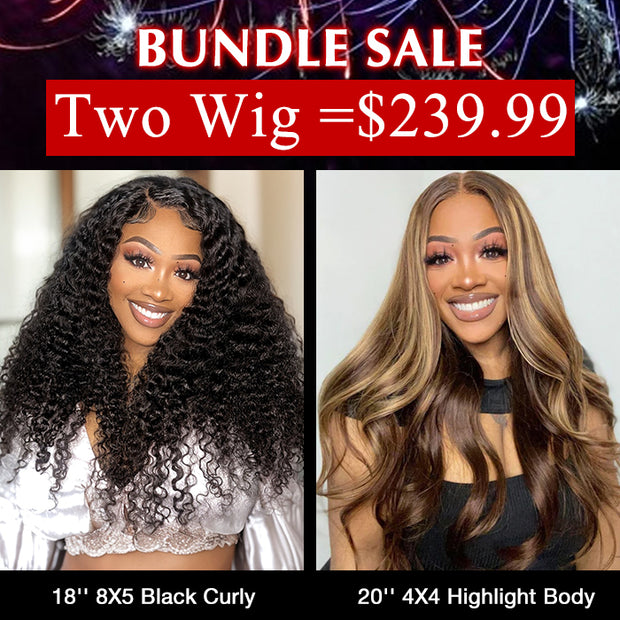 Two Wigs=239.9|4X4 HD Lace #427 Body Wave Wig+8X5 Pre Cut Lace Curly Wig