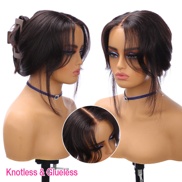 Curtain Bangs 13x4 HD Lace Wig Butterfly Layered Cut Straight Human Hair Wigs with Adjustable Strap