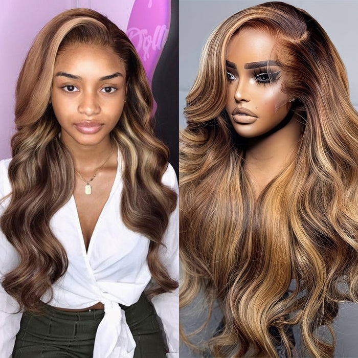 Body Wave Highlights Pre Plucked 360 Transparent Lace Frontal Wig Straight Human Hair Wigs