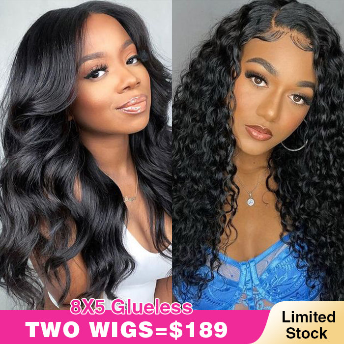 Two 220% Long Wigs | 20'' 8X5 Pre Cut Lace Water Wave Wig+18'' 8X5 Pre Cut Lace Body Wave Wig