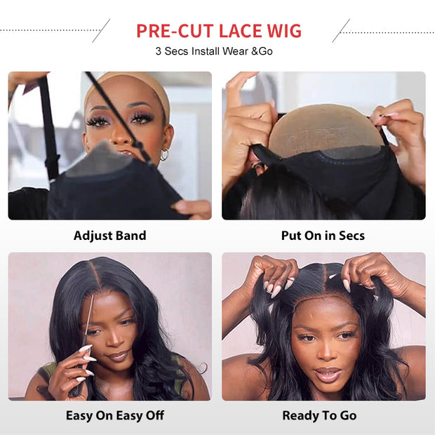 Body Wave Glueless Bob Wig Pre Cut HD Lace Closure Glueless Human Hair Wigs 220% Density