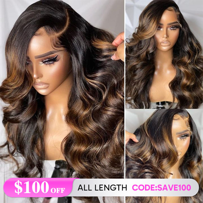 $100 OFF| 18-22 Inches Body Wave Highlight Honey Blond Wig 13x4 HD Lace Front Piono Colored Human Hair Wigs 180% Density