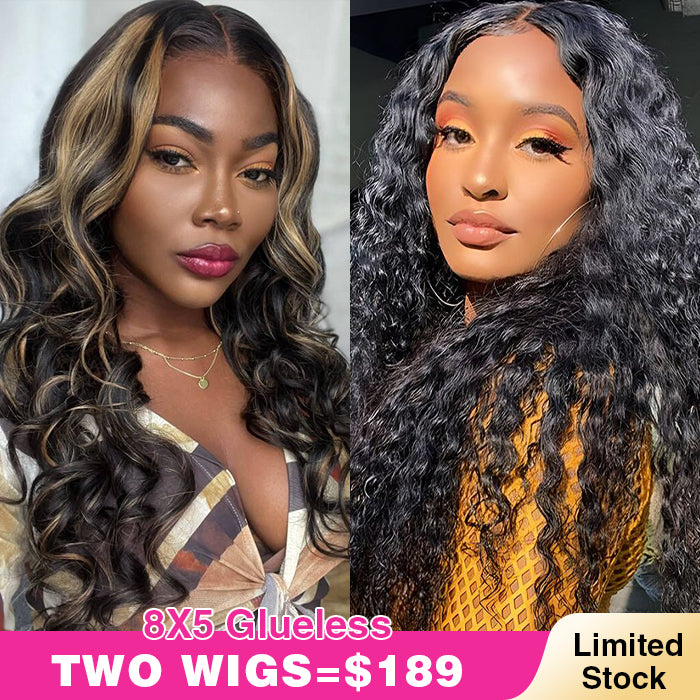 Two 220% Long Wigs|8X5 Pre Cut Lace Water Wave+8X5 Pre Cut Lace Highlight Body Wave