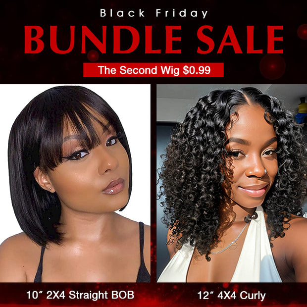 Two Wigs 129.99|2X4 Straight BOB Wig With Bangs+4X4 Lace Curly Wig