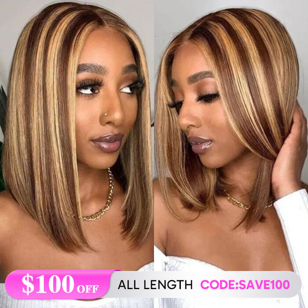 $100 OFF|Wear & Go Bob Wig Highlight Wig Pre Cut HD Lace Closure Glueless Human Hair Wigs Beginner Friendly