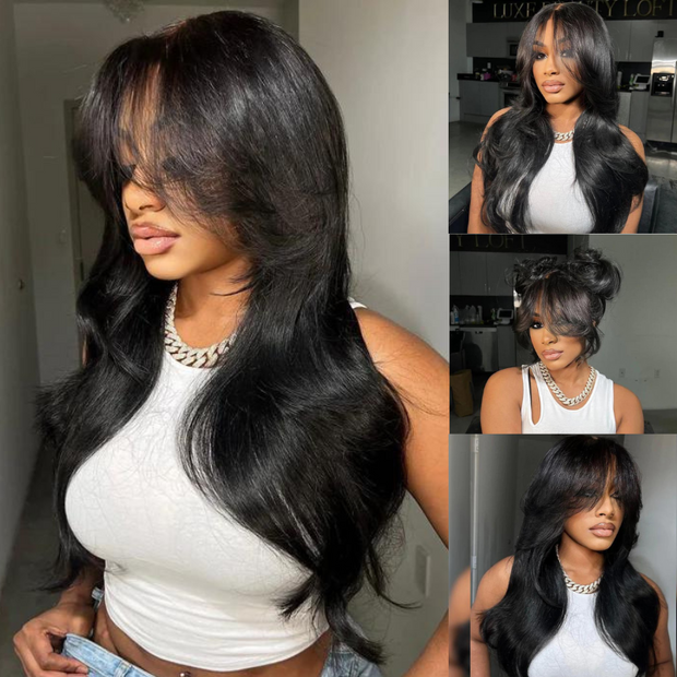 2 Wigs=$189|20 Inches 5X5 Lace Body Wave Wig With Curtain Bangs+20 Inches Straight 5X5 Lace Wig With Curtain Bangs