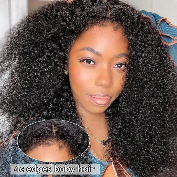 Kinky Edge Hairline Afro Kinky Curly Lace Front Wig Pre Bleached Real 4C Edges Glueless HD Lace Human Hair Wigs For Black Women