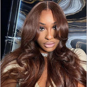 Curtain Bangs 13x4 HD Lace Body Wave Glueless Wig Butterfly Hair Cut Chestnut Brown Lace Wig