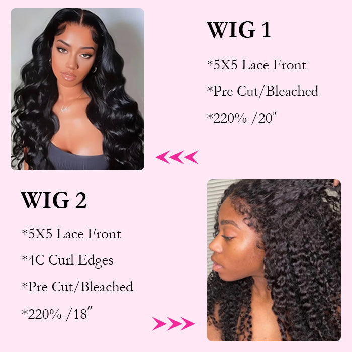 2 Wigs=$189|20 Inch 5X5 Pre Cut Lace 3D Body Wave Wig+18 Inch 4C Edges 5X5 Lace Curly Wig