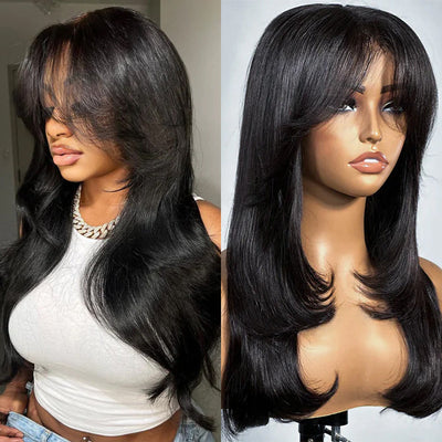 Curtain Bangs 13x4 HD Lace Wig Butterfly Cut Straight Human Hair Wigs with Adjustable Strap