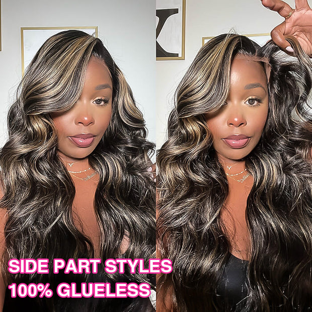 Glueless Curtain Bangs Body Wave Pre Cut HD Lace Wig Butterfly Hair Cut Highlight Honey Blonde Wig