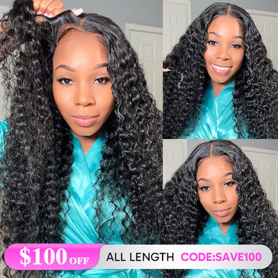 $100 OFF|180% Density Wear & Go Deep Wave 4x4 Pre Cut HD Lace Closure Glueless Human Hair Wigs With Magic Ear Tape