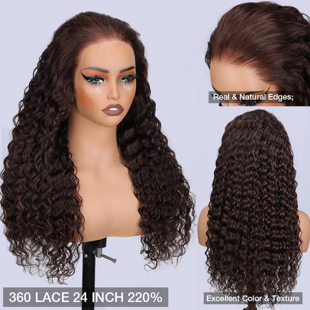 Chocolate Brown Deep Wave 360 Lace Frontal Wigs With Hidden Elastic Strap Snug Fit Human Hair Wigs