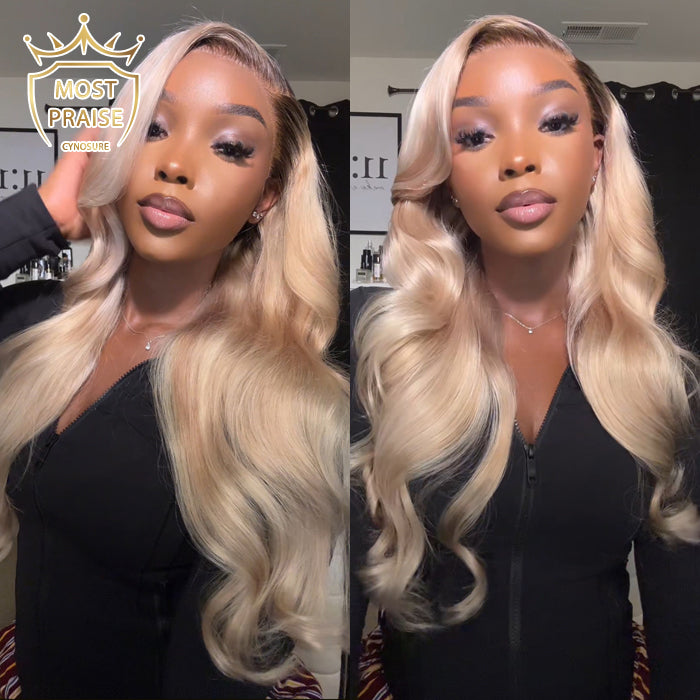 Curtain Bangs Ash Blonde Balayage with Dark Brown Roots Ombre Wig HD Lace Body Wave Human Hair Wigs