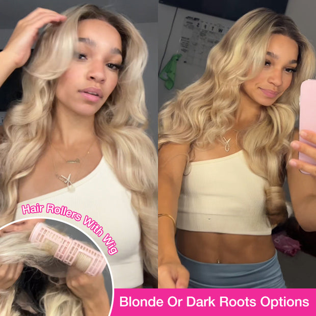 Curtain Bangs Ash Blonde Balayage with Dark Brown Roots Ombre Wig HD Lace Body Wave Human Hair Wigs