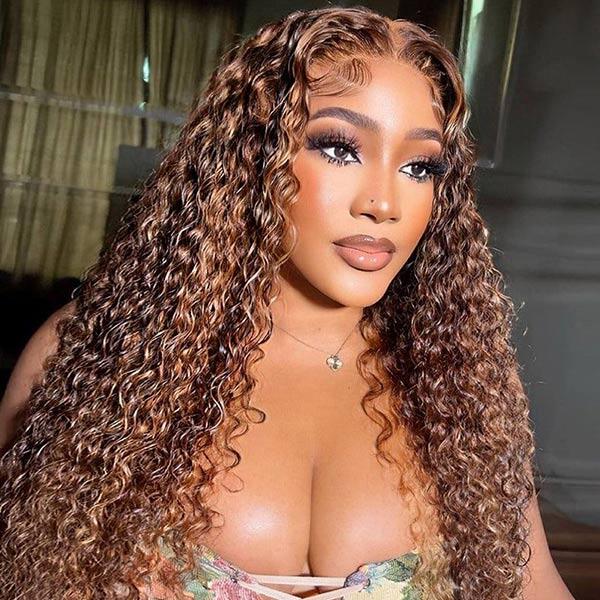 Flash Sale Curly Hidden Strap Snug Fit 360 Lace Frontal Wigs Affordable Brown Highlight Human Hair Wig 220%