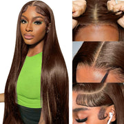 Pre All|Glueless Rich Brown Silk Straight Human Hair Wigs Pre Bleached Pre Cut HD Lace Ready To Wear Wig