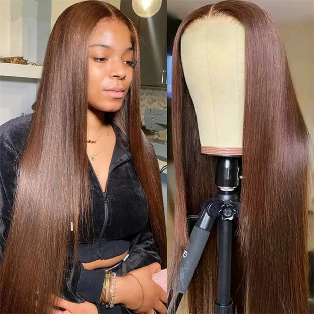 Pre All|Glueless Rich Brown Silk Straight Human Hair Wigs Pre Bleached Pre Cut HD Lace Ready To Wear Wig