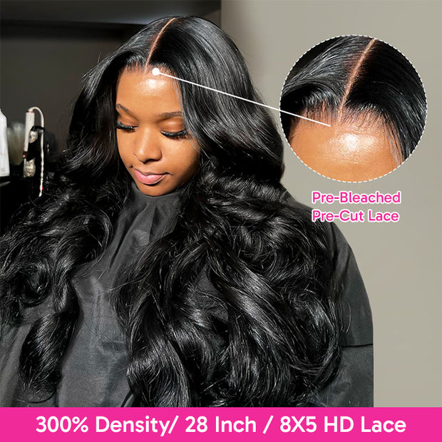 300% Ultra Dense Glueless Body Wave Wig Pre Bleached Pre Cut Invisible Skin Melt 8x5 HD Lace Human Hair Wig