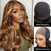 Pull Go 13X6 Pre Cut HD Lace Glueless 3D Body Wave Human Hair Wig With Hidden Drawstring #427 Highlight Lace Front Wig