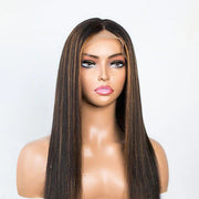 Flash Sale-Highlight Yaki Straight Human Hair Wig Pre Bleached Tiny Knots Glueless HD Lace Front Wig