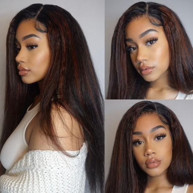 Flash Sale-Highlight Yaki Straight Human Hair Wig Pre Bleached Tiny Knots Glueless HD Lace Front Wig