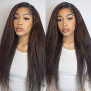 Flash Sale-Highlight Yaki Straight Human Hair Wig Pre Bleached Tiny Knots Glueless HD Lace Front Wig