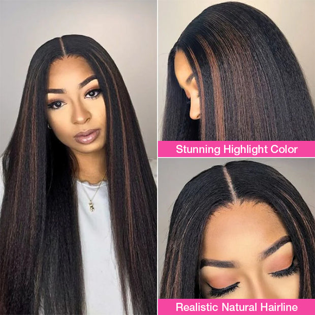 Flash Sale-Highlight Yaki Straight Human Hair Wig Pre Bleached Tiny Knots Glueless HD Lace Front Wig