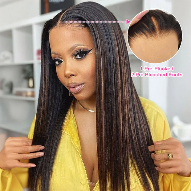 Flash Sale-Highlight Yaki Straight Human Hair Wig Pre Bleached Tiny Knots Glueless HD Lace Front Wig