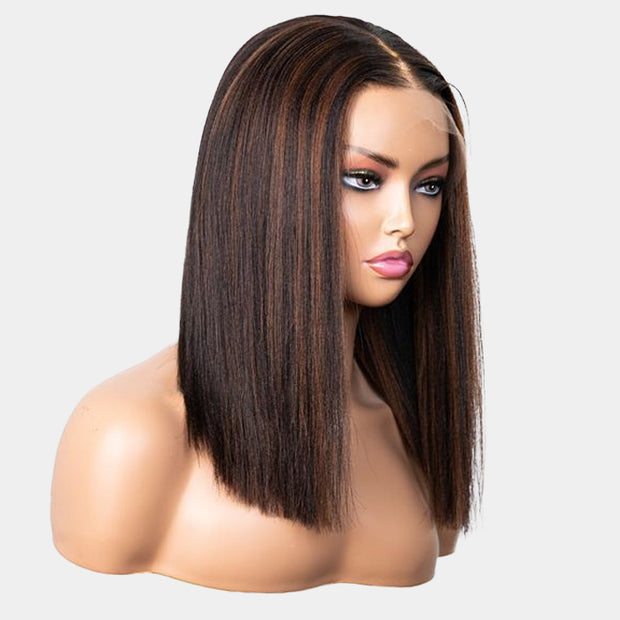 Flash Sale-Highlight Yaki Straight Human Hair Wig Pre Bleached Tiny Knots Glueless HD Lace Front Wig