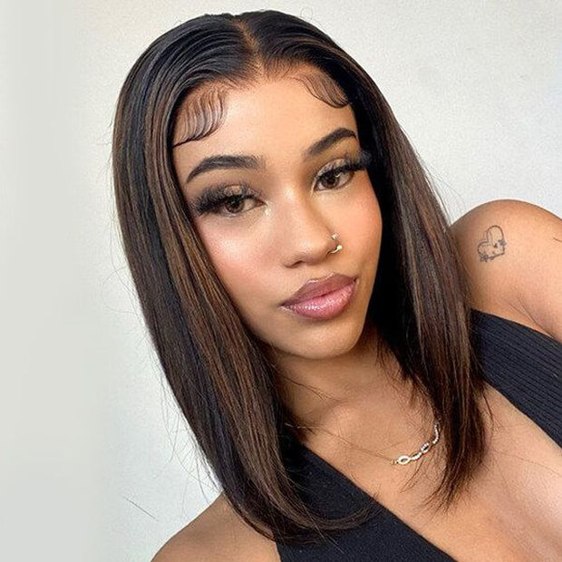 Flash Sale-Highlight Yaki Straight Human Hair Wig Pre Bleached Tiny Knots Glueless HD Lace Front Wig