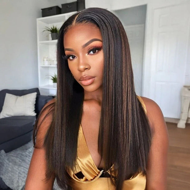 Flash Sale-Highlight Yaki Straight Human Hair Wig Pre Bleached Tiny Knots Glueless HD Lace Front Wig