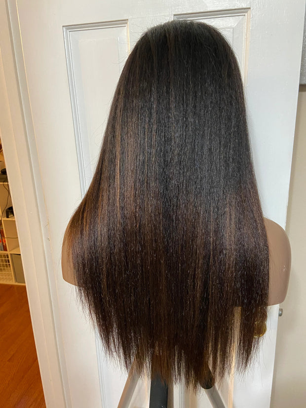 Flash Sale-Highlight Yaki Straight Human Hair Wig Pre Bleached Tiny Knots Glueless HD Lace Front Wig