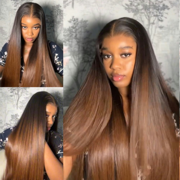 Pre-Bleached Black And Rich Brown Ombre Color Pre Cut Lace Wig 8x5 Glueless Human Hair Wig