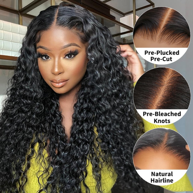 Pull Go 13X4 Pre Cut HD Lace Glueless Water Wave Wig Human Hair Wigs With Hidden Drawstring Pre Bleached Knots For Black Women