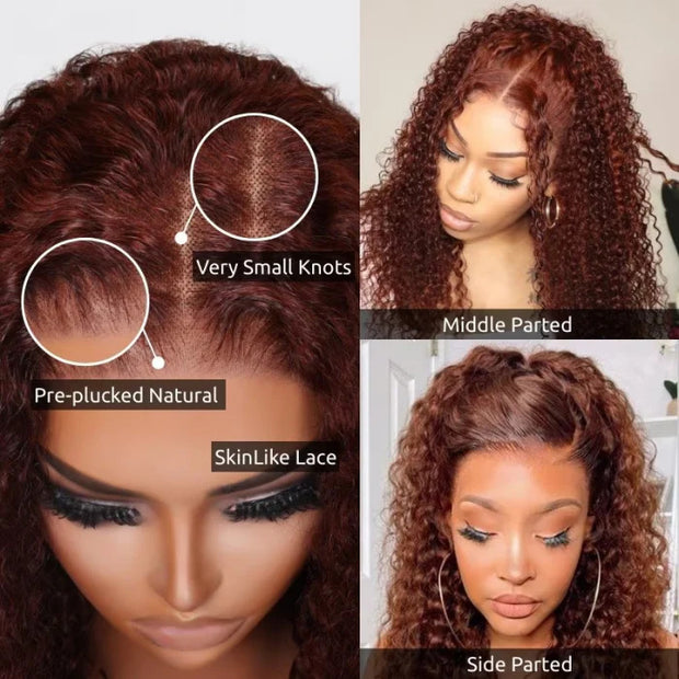 Pre-All Everything Lace Wig 13X6 Full Lace Reddish Brown Curly Hair Pre Cut Pre Bleached Glueless Wig