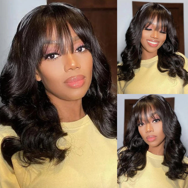 Pre All| Wispy Bangs Glueless Bouncy Body Wave HD Lace Wig Pre Cut Pre Bleached Natural Human Hair Wigs