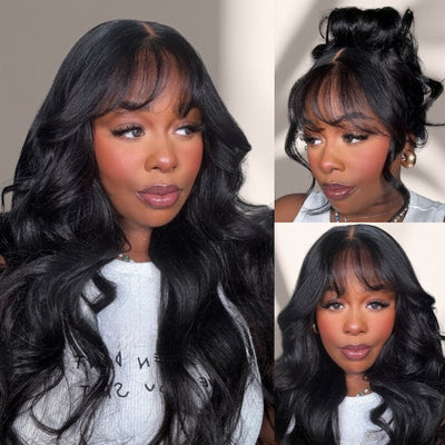 Pre All| Wispy Bangs Glueless Bouncy Body Wave HD Lace Wig Pre Cut Pre Bleached Natural Human Hair Wigs