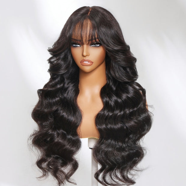 Pre All| Wispy Bangs Glueless Bouncy Body Wave HD Lace Wig Pre Cut Pre Bleached Natural Human Hair Wigs