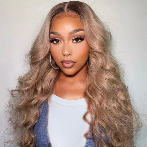 Curtain Bangs Ash Blonde Balayage with Dark Brown Roots Ombre Wig HD Lace Body Wave Human Hair Wigs